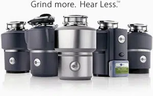 Array of garbage disposals with text "Grind more. Hear less."
