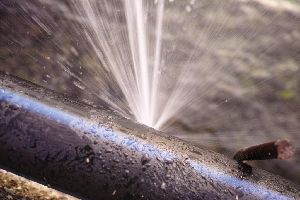 Close up view of a burst pipe with water spewing from it